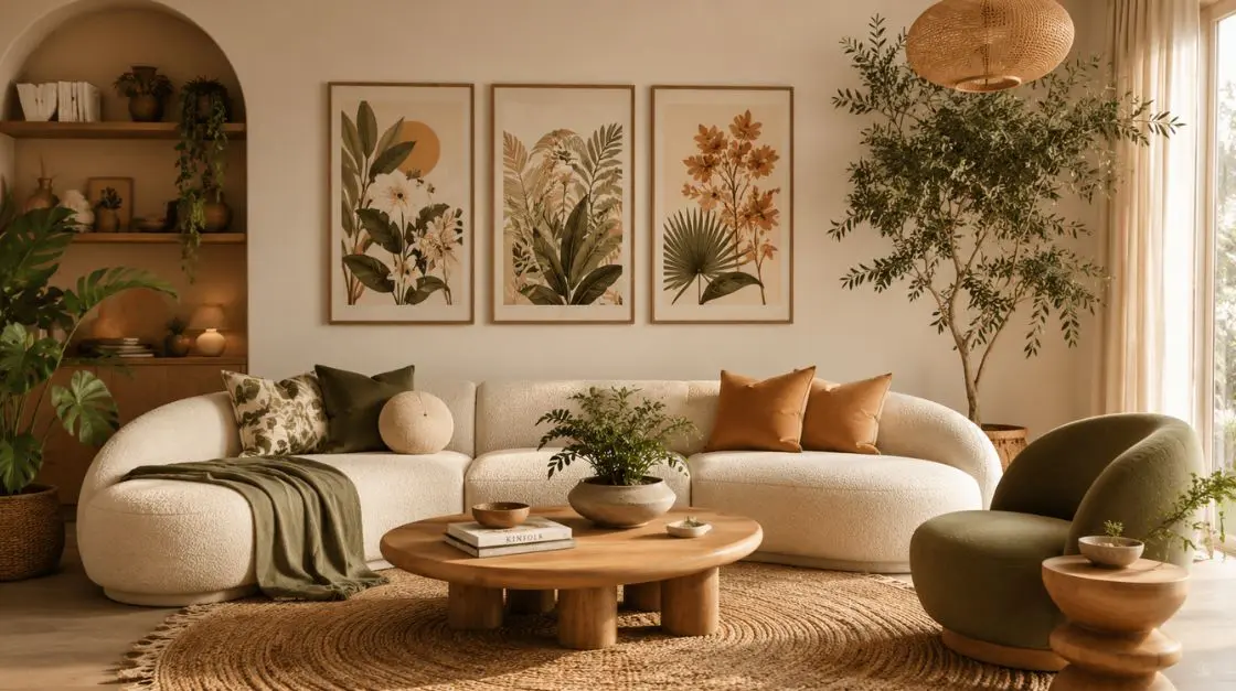 Earthy interior design finished room with organic modern decor, warm earth tones, botanical wall art and natural materials