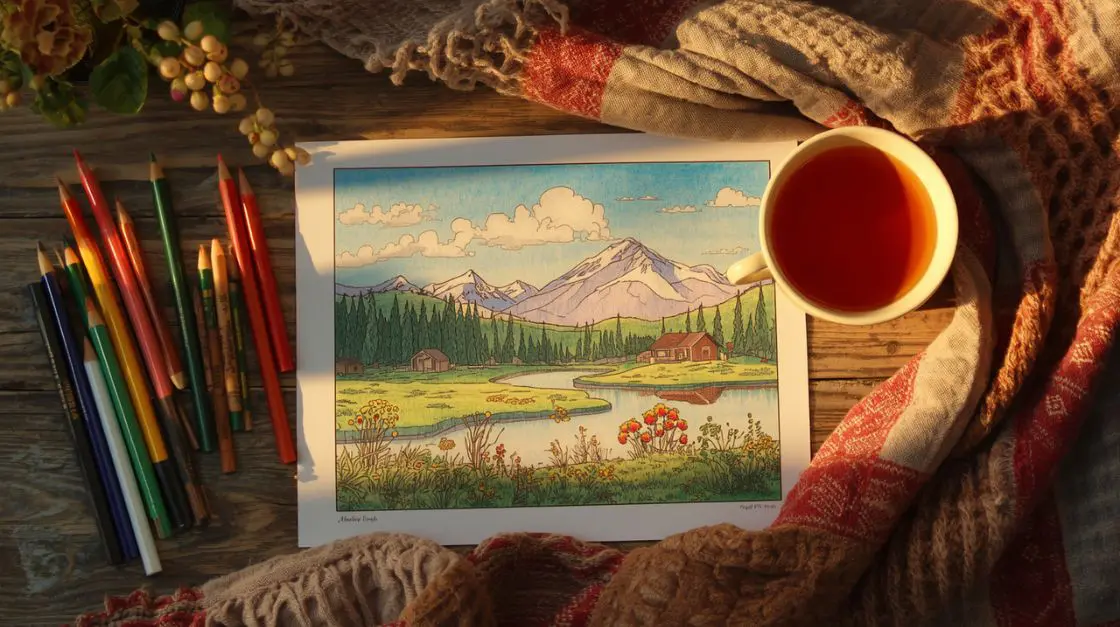 Cozy lifestyle scene featuring finished aesthetic coloring pages for adults as part of a relaxing self-care routine