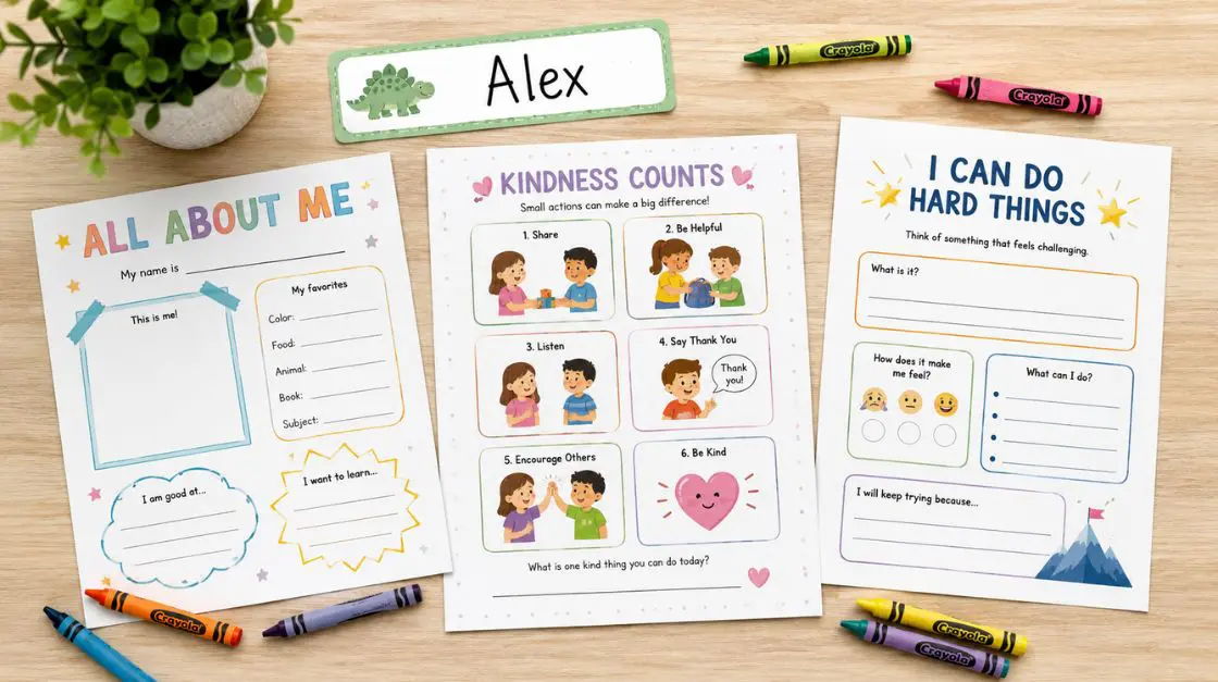 Styled mockup of printable kindergarten worksheets with crayons and classroom decor