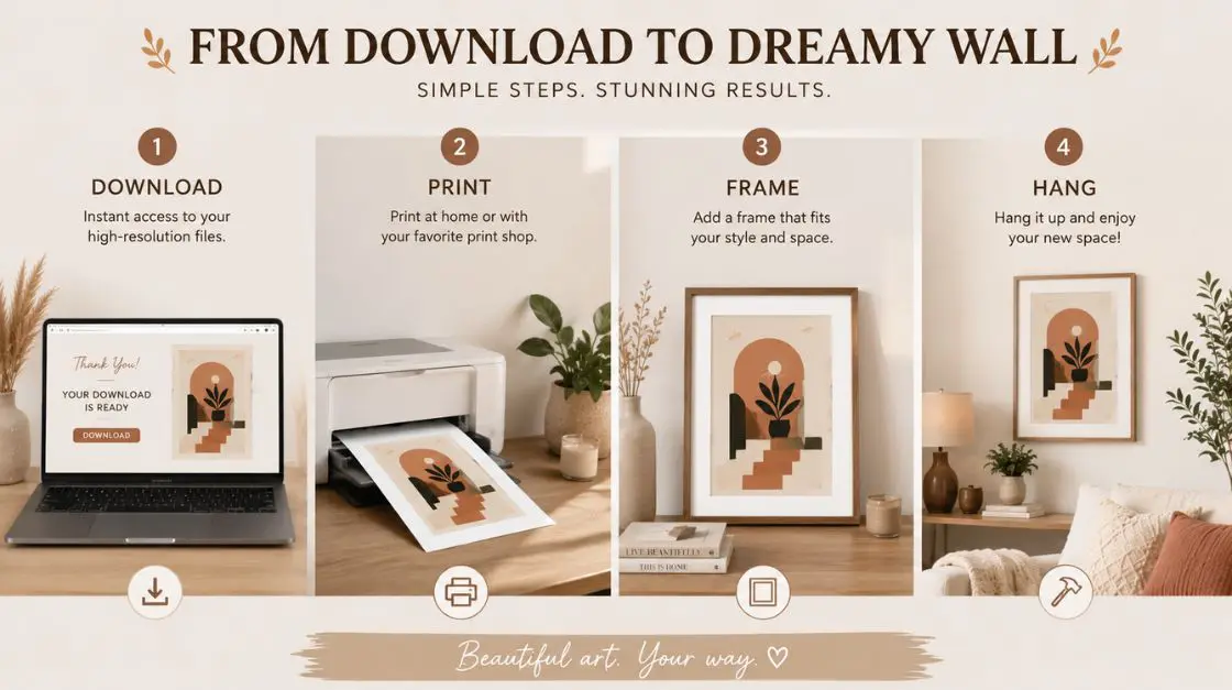 Step-by-step guide to styling boho wall art printable designs from download to framed display