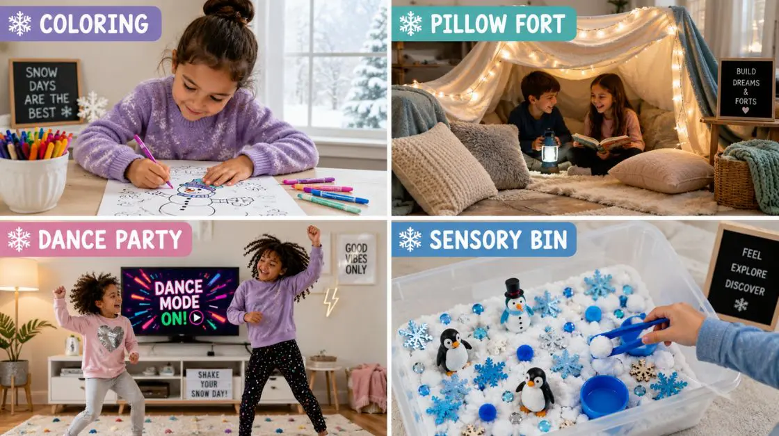 Collage of indoor snow day activities for kids, including coloring, forts, and sensory play