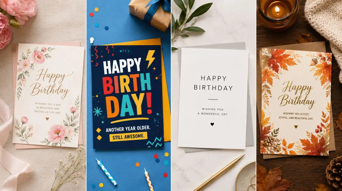 Gallery of birthday card design styles from soft floral to bold graphic