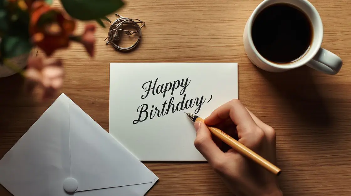 what to write in birthday card. Hand writing a birthday card message at a desk with coffee and printed envelope