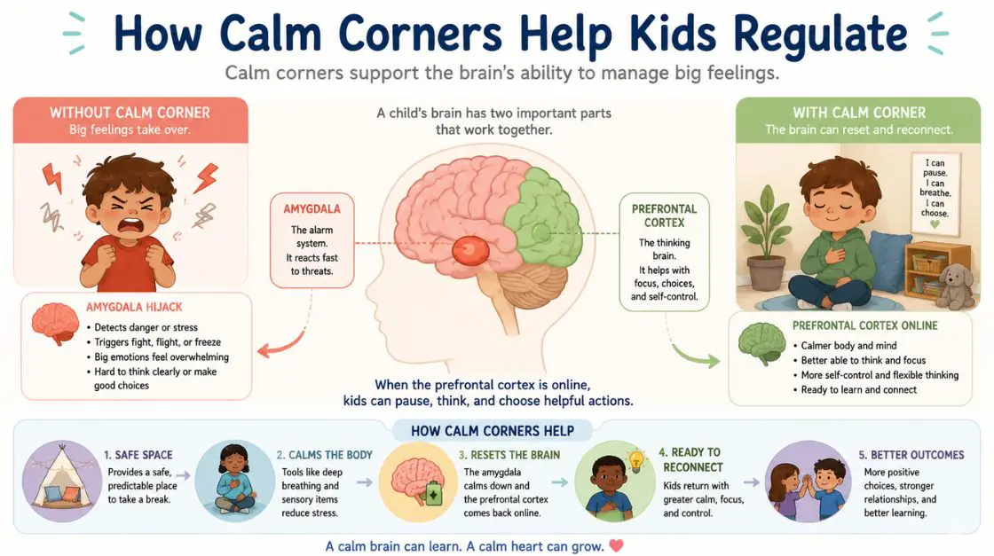 Educational infographic about brain-based calm corner strategies for K–2 emotional regulation