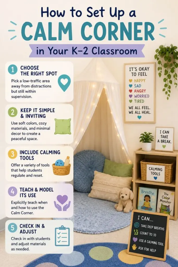 A guide to setting up a calm corner in a K-2 classroom, featuring five steps: Choose the Right Spot, Keep it Simple & Inviting, Include Calming Tools, Teach & Model Its Use, and Check In & Adjust.