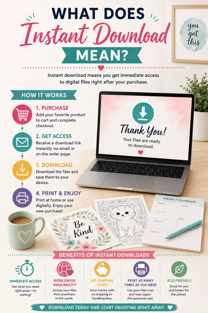Infographic explaining the concept of instant downloads, detailing how it works through purchase, access, download, and print & enjoy steps, alongside benefits like immediate access, worldwide availability, no shipping costs, unlimited printing, and eco-friendliness. A laptop displays a 'Thank You!' message, and various printable items like artwork and a planner are shown.