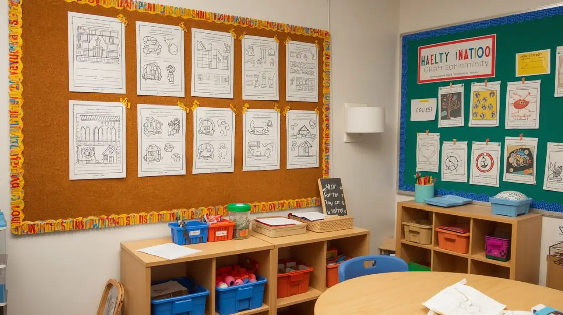 Finished printable kindergarten worksheets displayed in a welcoming classroom corner.