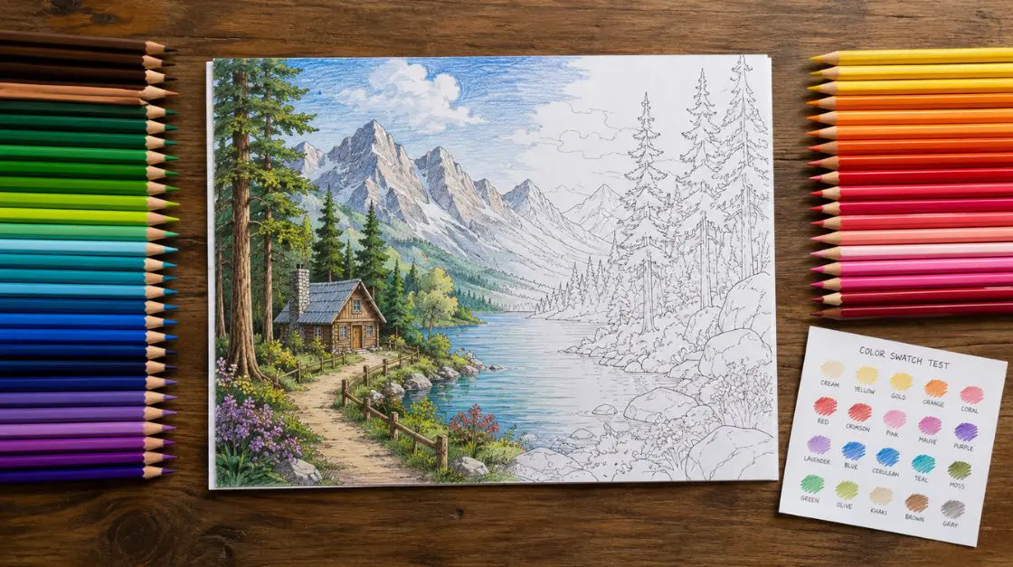 Step-by-step demonstration of how to layer color on an adult coloring page using shading technique