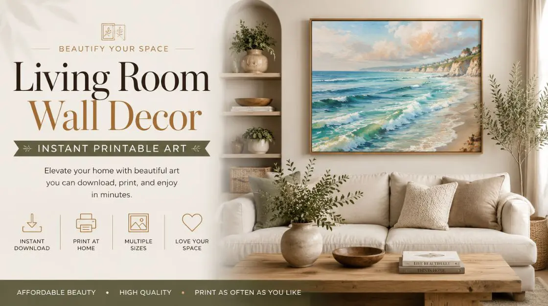 living room wall decor. A living room scene featuring a sofa, coffee table, and shelves, with a large painting of a coastal landscape above the sofa. Text promotes "Living Room Wall Decor" and "Instant Printable Art" with icons for download, printing, multiple sizes, and liking.