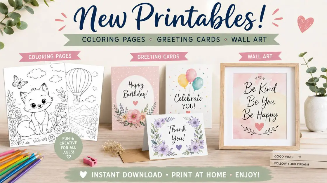 A display of new printables including coloring pages with a fox and hot air balloon, greeting cards for birthdays and general celebration, and framed wall art.
