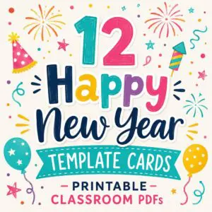 12 Happy New Year template cards, printable classroom PDFs, with balloons, fireworks, and party hats.