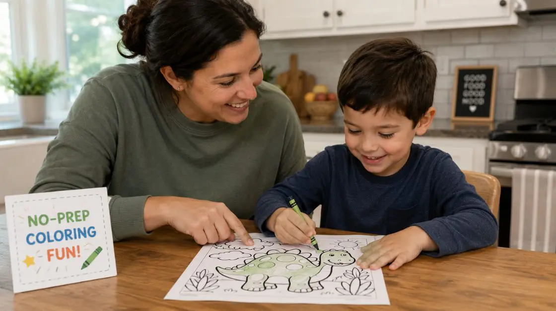 Parent and child enjoying no prep snow day activities together at the kitchen table