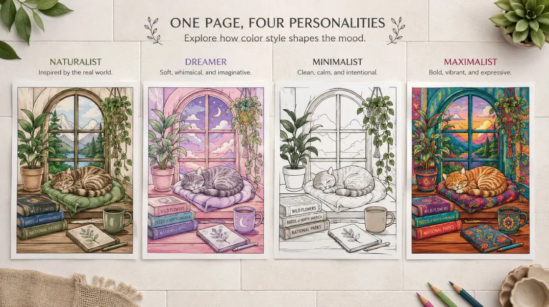 Four completed adult coloring pages showing different creative relaxation techniques and color styles for stress relief
