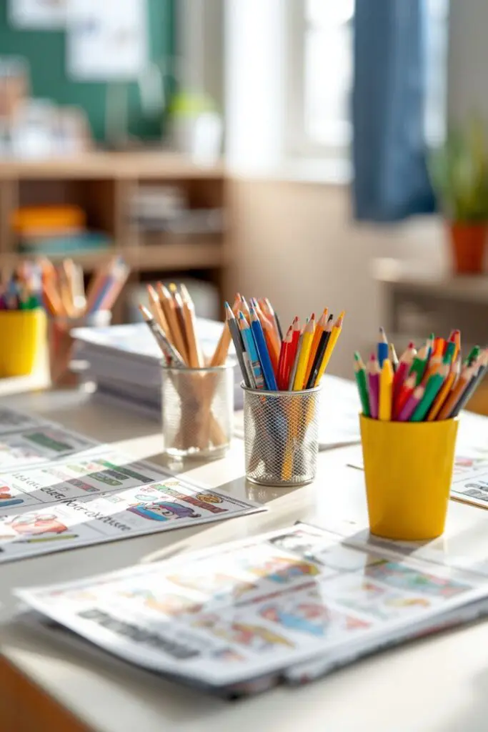 A classroom table with colorful pencils in cups and activity sheets spread out.