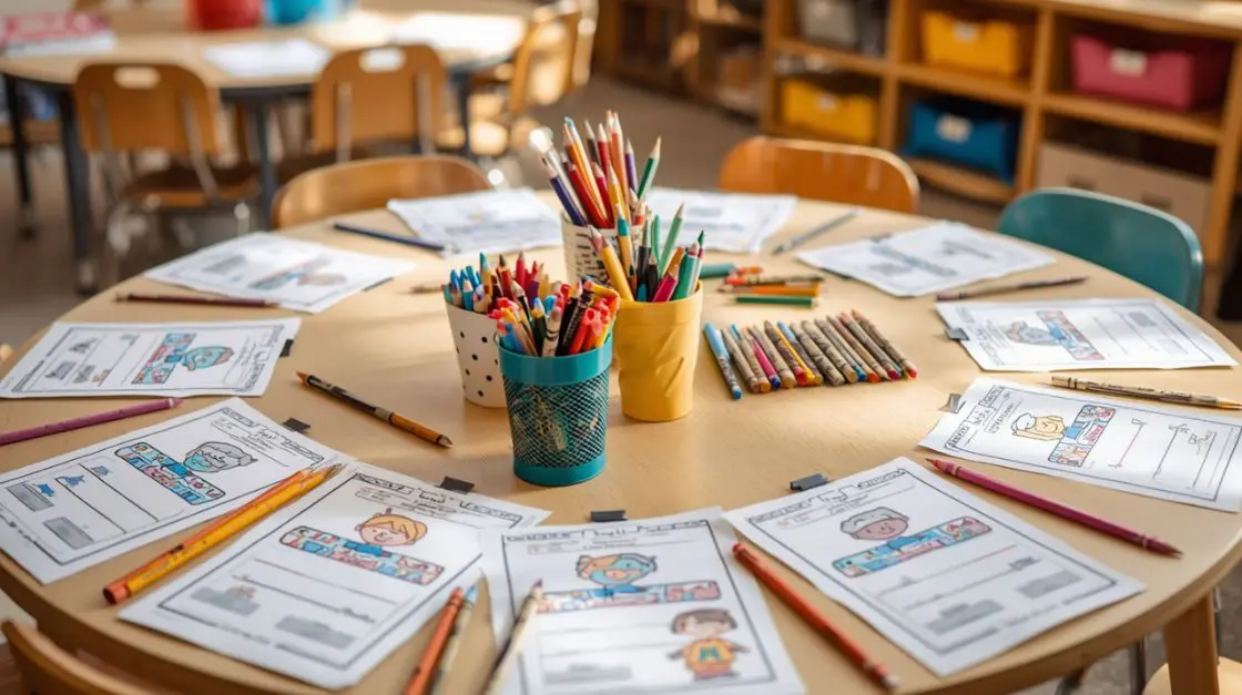 printable worksheets for kindergarten organized on a classroom table for morning work