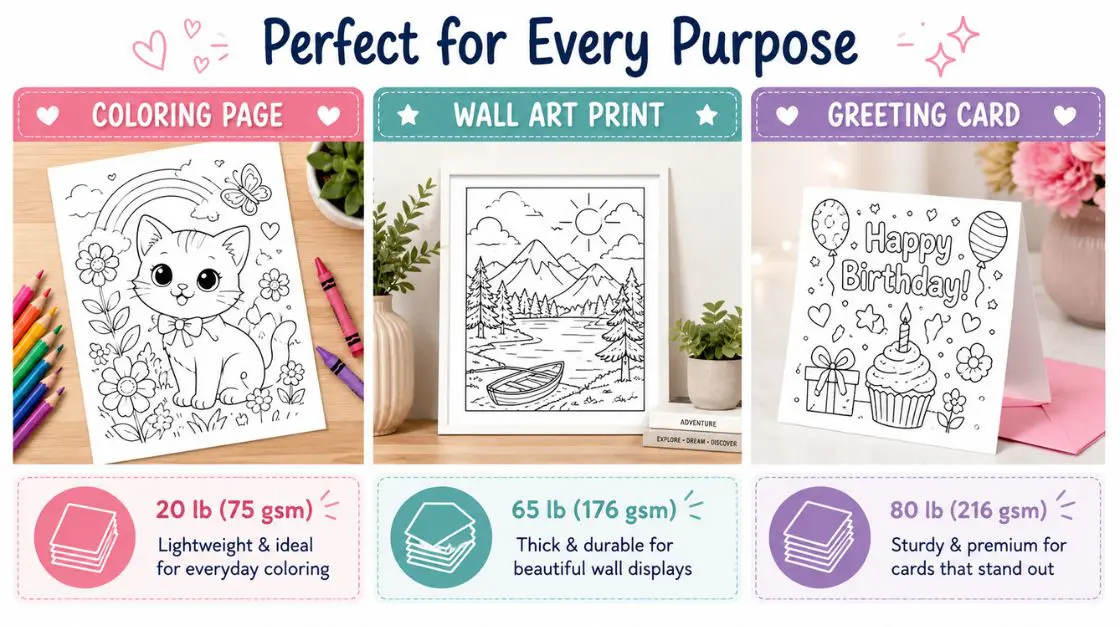 Grid of printable types with recommended printer paper weights for coloring pages, wall art, and greeting cards