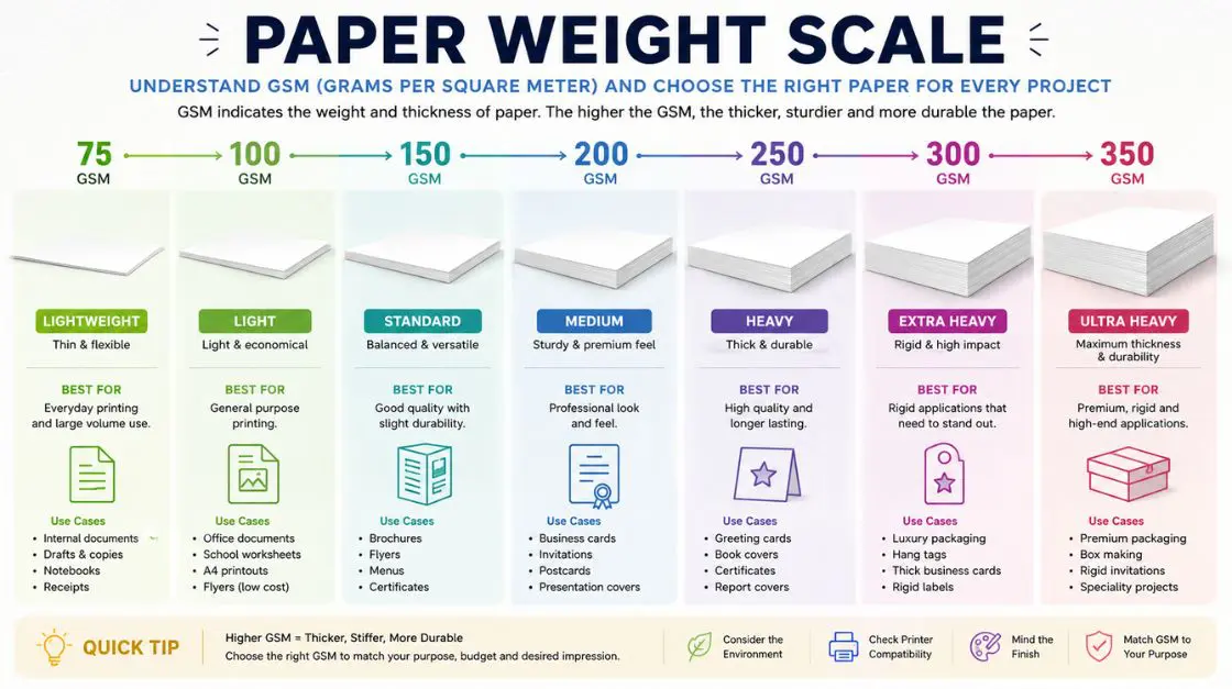 Infographic chart of printer paper weight guide showing gsm values for coloring pages, cards, and wall art printing