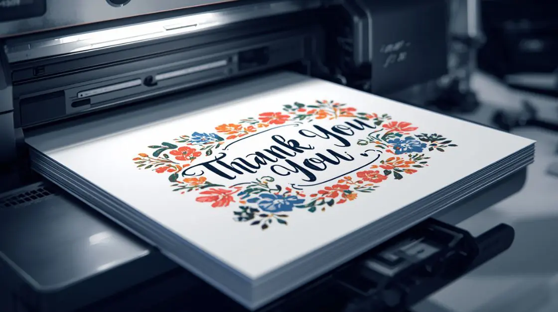 How to print a thank you card at home — printer printing a floral thank you card on cardstock