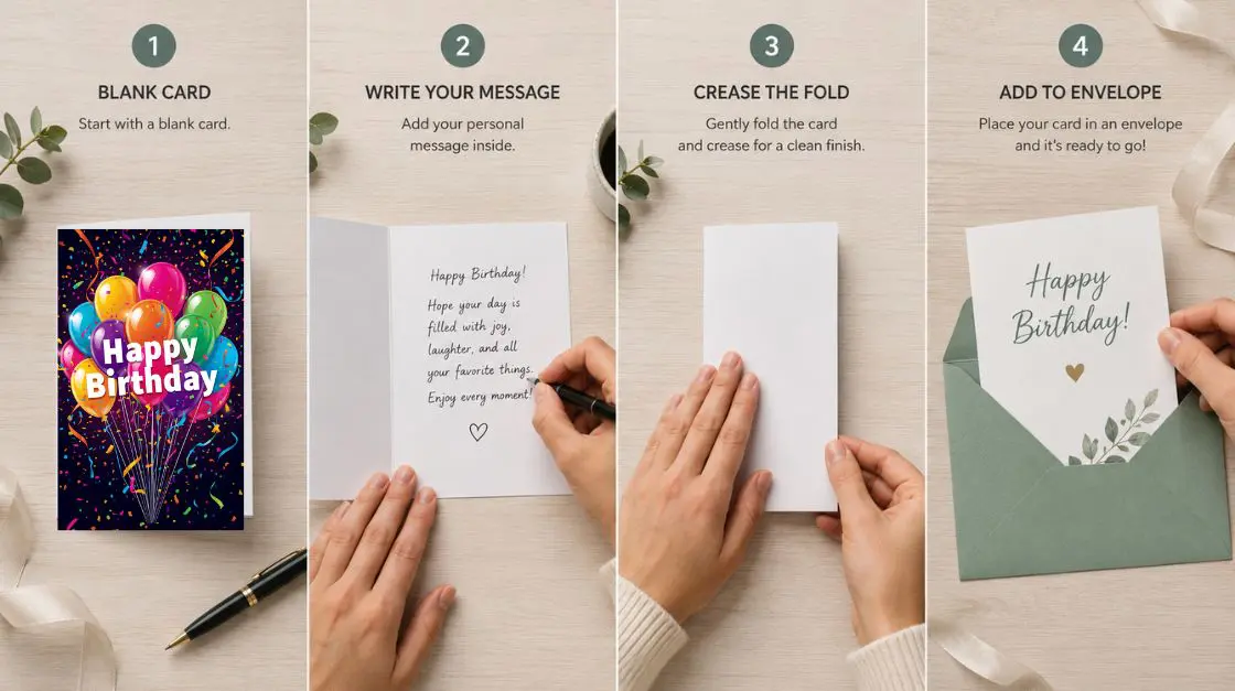 Step-by-step demonstration of writing, folding, and preparing a birthday card