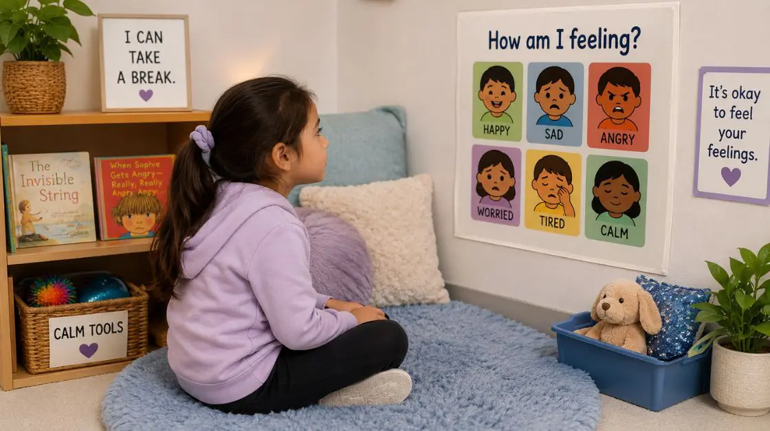 Calm corner for kindergarten — student using emotion check-in chart in a cozy classroom corner