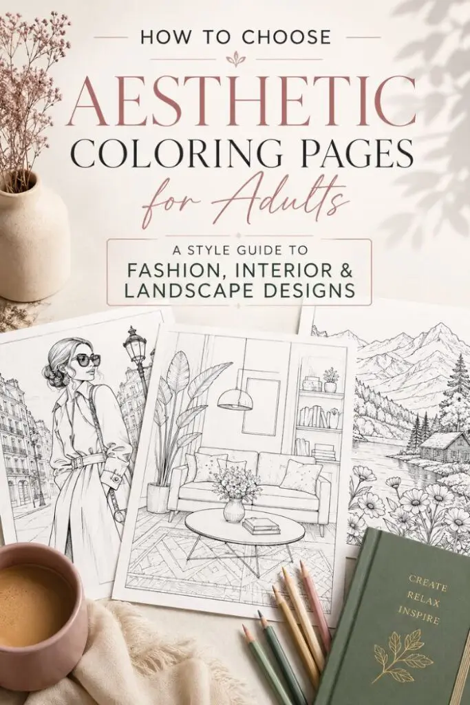 A style guide to choosing aesthetic coloring pages for adults, featuring fashion, interior, and landscape designs. The image displays several coloring pages, colored pencils, a cup of coffee, and a green book with "Create Relax Inspire" on the cover.