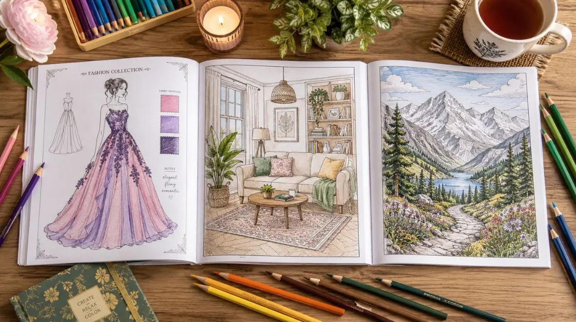 Three coloring styles for grown-up colorists — fashion, interior, and landscape — displayed together with colored pencils