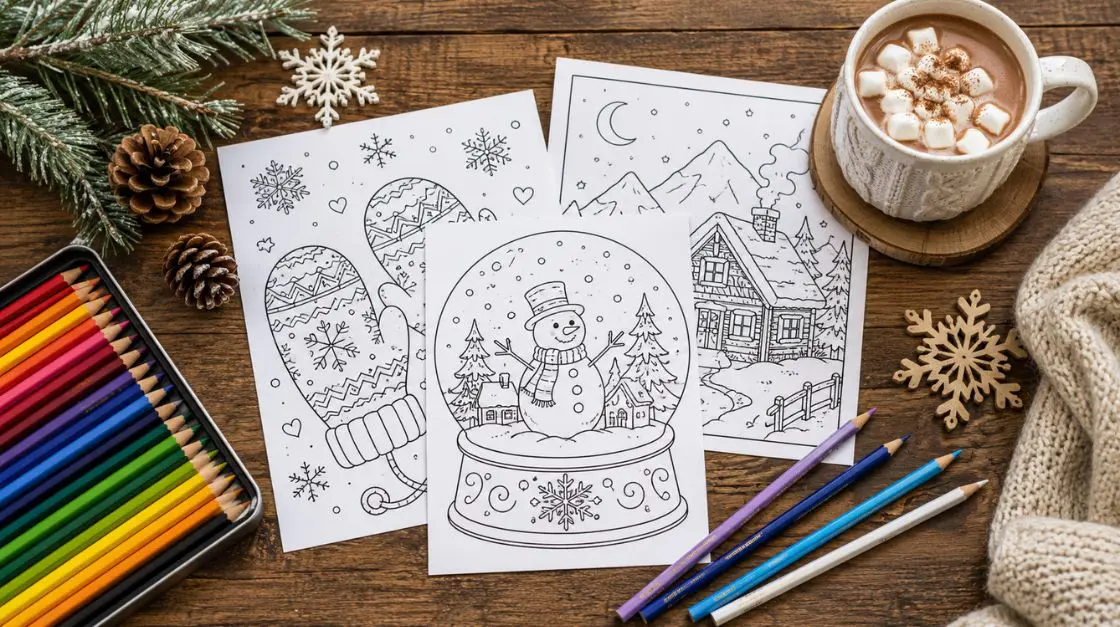 Winter-themed printable coloring pages styled for a cozy snow day activity setup