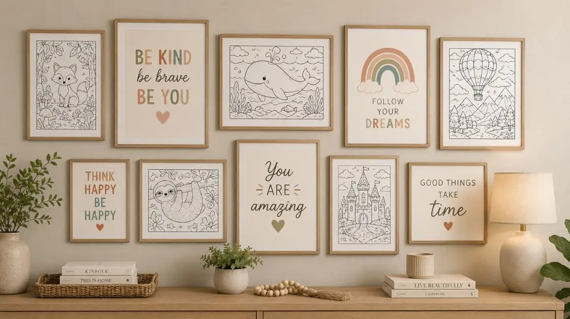 Gallery wall inspiration showing finished coloring pages and printable wall art framed on a neutral wall