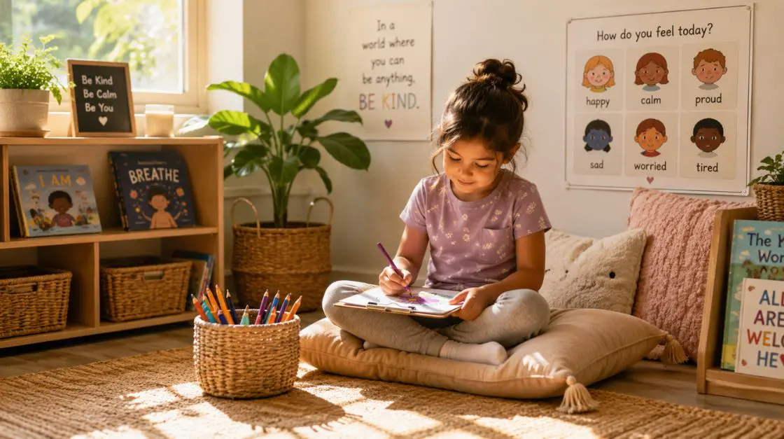 Calm corner ideas for classroom use — young student independently using calm corner in a K–2 classroom