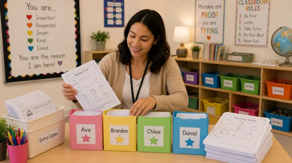 Kindergarten teacher preparing early finisher activities by organizing printed worksheets into individual student folders. classroom resources, flashcards , educational games, free worksheets