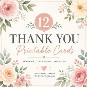 A "thank you card printable" design featuring "12" in a circle, surrounded by floral illustrations in pastel colors. Includes text like "Printable, Easy to Use, Heartfelt" and "Thoughtful Thanks for Every Occasion."