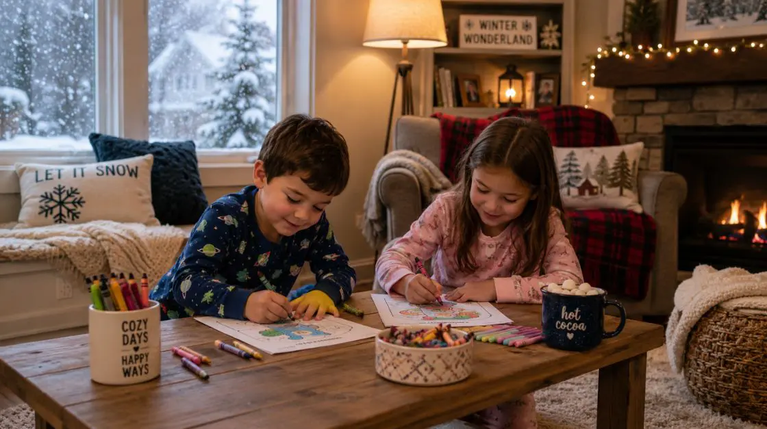 Kids enjoying indoor activities for snow days at home with coloring pages and warm blankets