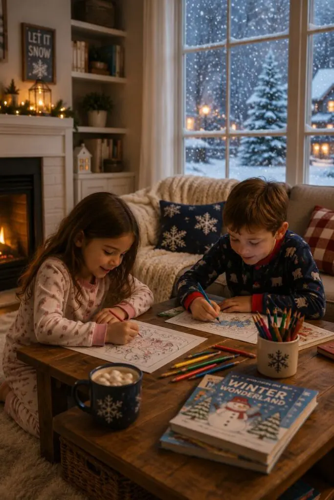 Two children in pajamas color in winter-themed coloring books at a wooden table, with a snowy window and a fireplace in the background.