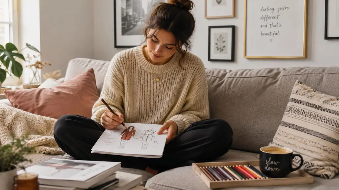 Woman relaxing at home while coloring fashion-themed aesthetic coloring pages for adults
