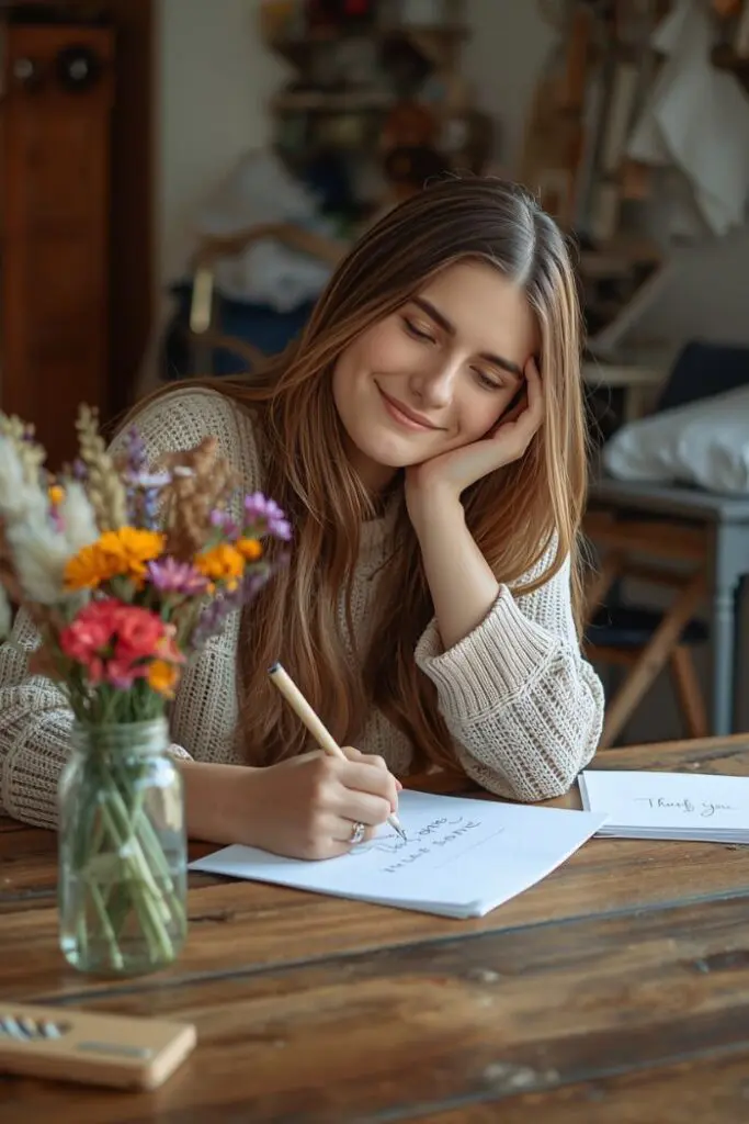 A person with eyes closed rests their head on their hand while writing on a piece of paper. In front of them is a jar filled with colorful flowers.
