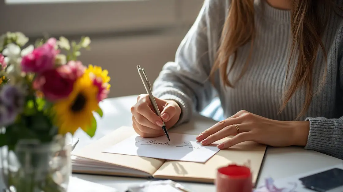 Person writing a heartfelt thank you card at a wooden desk — how to write a thank you card at home