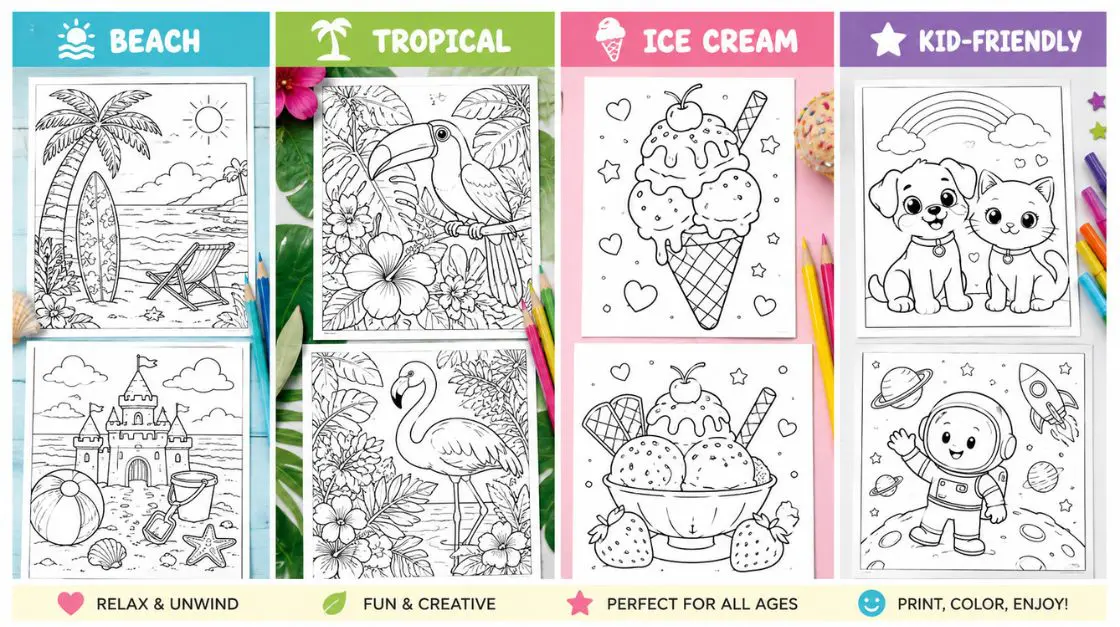 Collage of different summertime coloring pages categories including beach and tropical designs