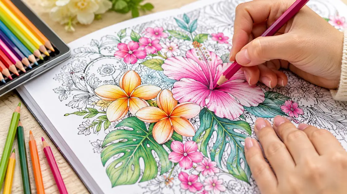Hands coloring detailed summer season coloring pages with colored pencils