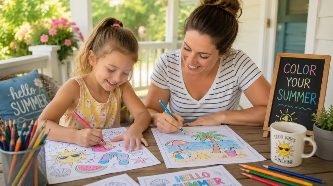 Family coloring pictures to color for summer together outdoors