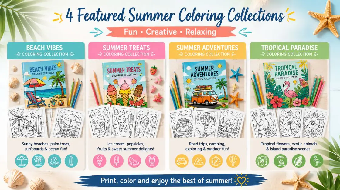Featured summertime coloring pages collections including adult and kids sets