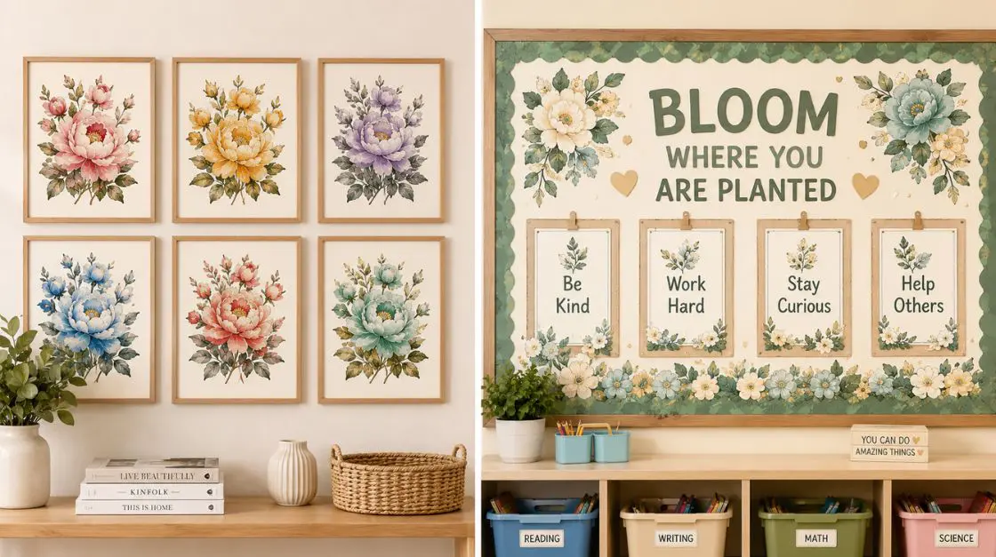 Styled clipart mockup gallery — nursery wall art and classroom decor using matching floral clip art