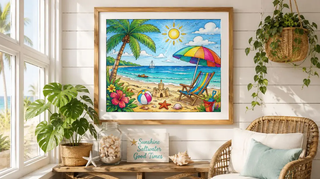 Framed summer season coloring pages displayed as seasonal wall art