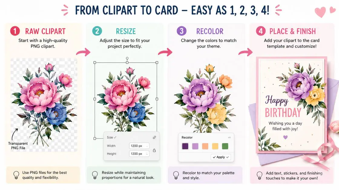Step-by-step demonstration of how to use clipart in a birthday card design