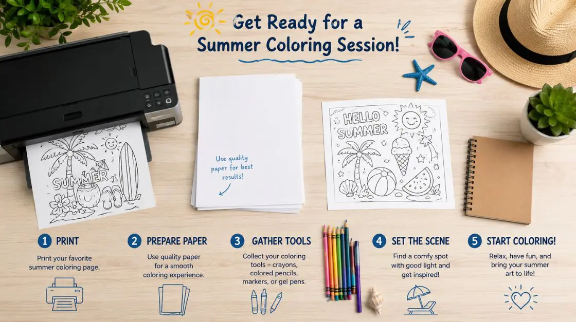 Step-by-step setup for printing and coloring summertime coloring pages