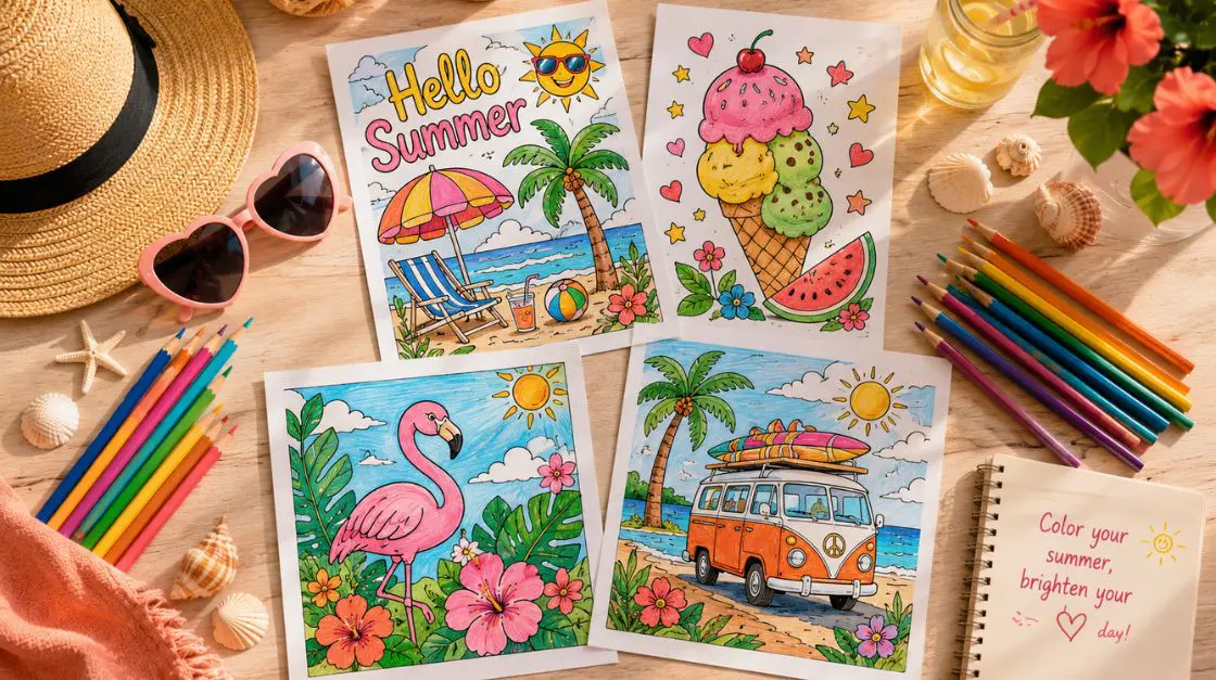 Finished summertime coloring pages styled with summer accessories for a lifestyle photo