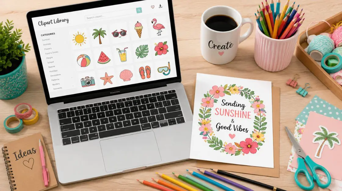 How to use clipart for crafting projects — desk flat-lay with printed clipart designs and craft supplies