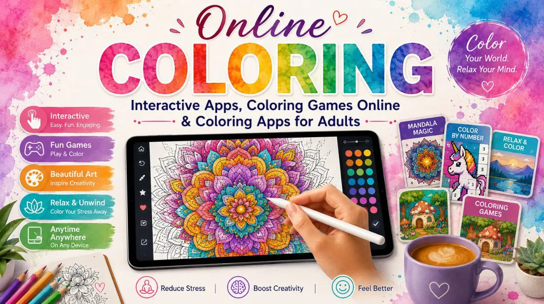 A tablet displays a colorful mandala coloring page with a hand holding a stylus. Surrounding the tablet are various coloring app icons, colored pencils, and a cup of coffee, promoting online coloring and relaxation.