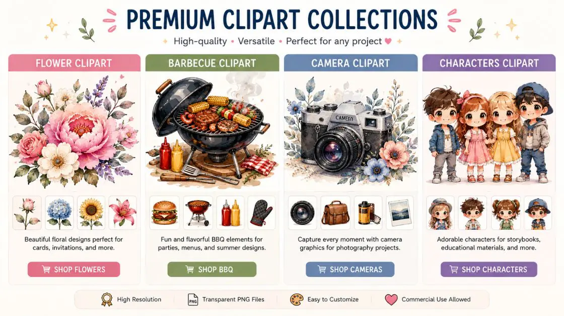 Featured clipart product showcase — flower, barbecue, camera, and character clip art collections