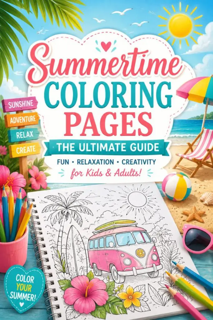 Summertime Coloring Pages: The Ultimate Guide for Fun, Relaxation, and Creativity for Kids & Adults. The cover features a beach scene with palm trees, a beach umbrella, lounge chairs, a beach ball, and tropical flowers.