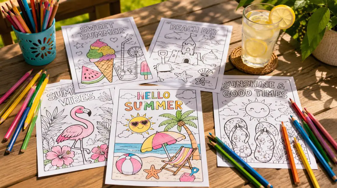 Summertime coloring pages laid out on a wooden table with colored pencils and lemonade
